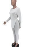 White Casual Solid Patchwork Slit Asymmetrical O Neck Long Sleeve Two Pieces