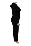 Zwarte mode casual print patchwork rits capuchon kraag plus size jumpsuits