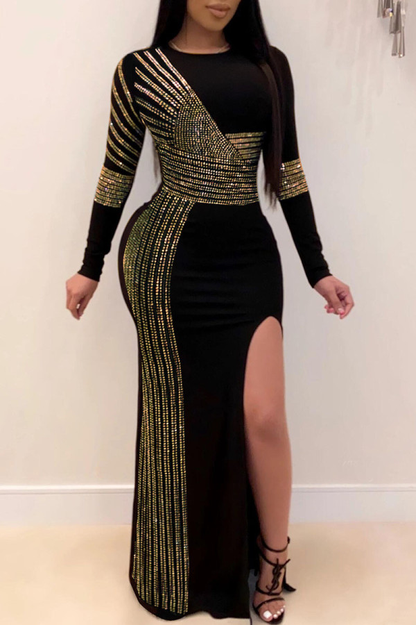 Gold Fashion Sexy Solid Slit Hot Drill O Neck Swagger Robes