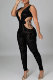 Black Sexy Print Hollowed Out See-through Backless V Neck Skinny Jumpsuits