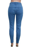 Jeans jeans casual moda azul com estampa de letra rasgada cintura alta