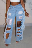 Светлые уличные однотонные свободные джинсовые джинсы с кисточками и рваными вырезами в стиле пэчворк с высокой талией