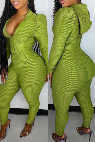 Green Casual Sportswear Patchwork Zipper Hooded Collar Long Sleeve Two Pieces
