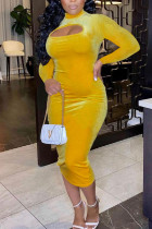 Gelbe sexy einfarbige Patchwork-Kleider mit O-Ausschnitt und einstufigem Rock