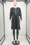 Black Fashion Casual Embroidery Slit V Neck Long Sleeve Two Pieces