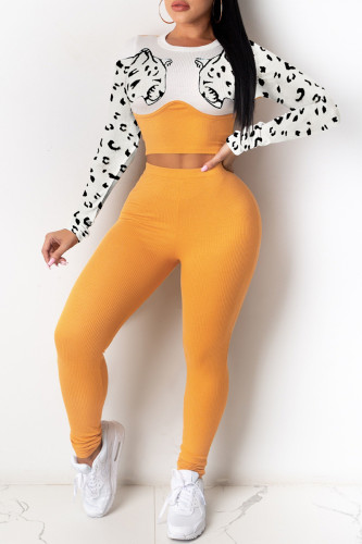 Yellow Fashion Casual Print Patchwork O Neck Long Sleeve Two Pieces