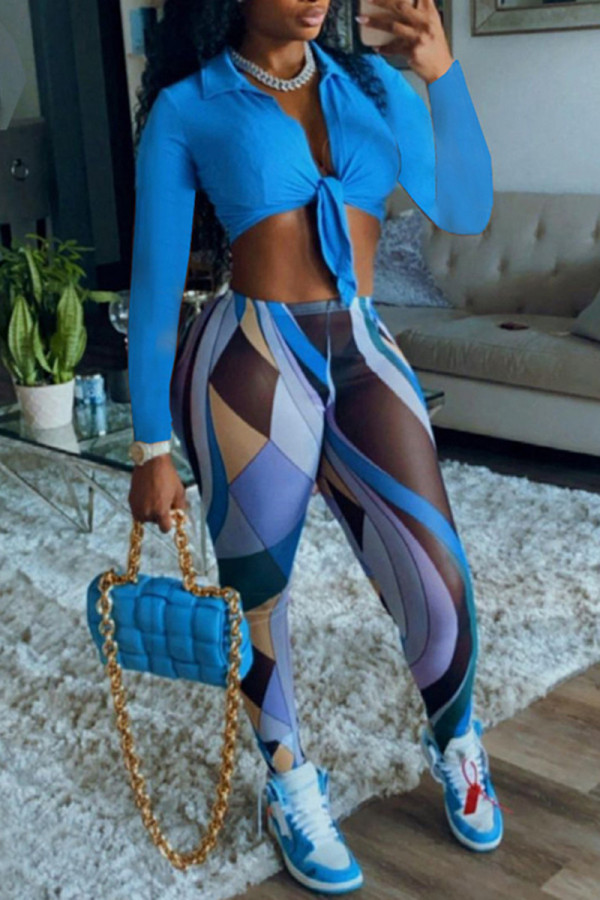 Синяя модная сексуальная повязка с принтом и V-образным вырезом с длинным рукавом из двух частей