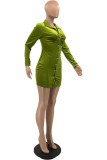 Green Fashion Sexy Solid Patchwork Turndown Collar One Step Skirt Dresses