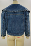 Giacca di jeans regolare a maniche lunghe con colletto rovesciato e colletto alla rovescia blu scuro alla moda casual