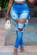 Blue Sexy Solid Mid Waist Skinny Ripped Denim Jeans