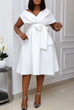 ホワイトファッションセクシーなソリッドパッチワークVネックAラインドレス