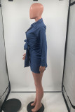 Blue Sexy Solid Bandage Patchwork Buckle Turndown Collar Tops