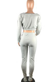 Grey Casual Solid Ripped Patchwork Oblique Collar Long Sleeve Two Pieces