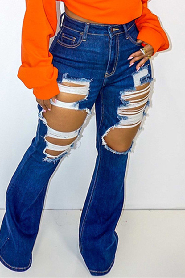 Dark Blue Fashion Casual Solid Ripped High Waist Regular Jeans