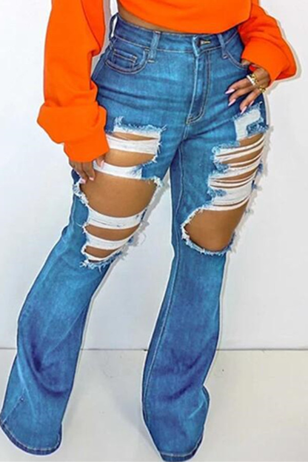 Blauwe mode casual effen gescheurde normale jeans met hoge taille