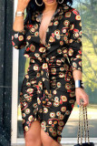 Zwarte mode straatprint patchwork v-hals onregelmatige jurken