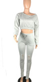 Grey Casual Solid Ripped Patchwork Oblique Collar Long Sleeve Two Pieces