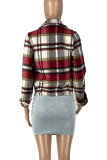 Green Casual Plaid Print Patchwork Buckle Turn-back Collar Outerwear