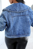 Темно-синяя модная повседневная джинсовая куртка в стиле пэчворк с отложным воротником и длинными рукавами