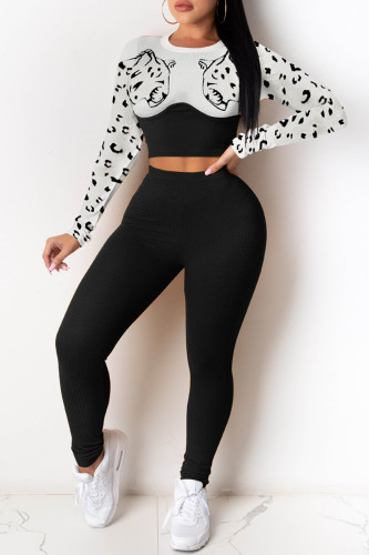 Black Fashion Casual Print Patchwork O Neck Long Sleeve Two Pieces