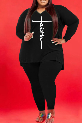 Black Casual Print Patchwork V Neck Plus Size Two Pieces