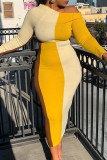 Желтые модные повседневные платья в стиле пэчворк с круглым вырезом и длинными рукавами