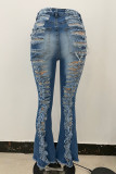 Donkerblauwe, modieuze, casual, effen gescheurde normale jeans met hoge taille