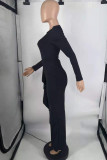 Black Fashion Elegant Solid Slit Without Belt O Neck Irregular Dresses (Without Belt)