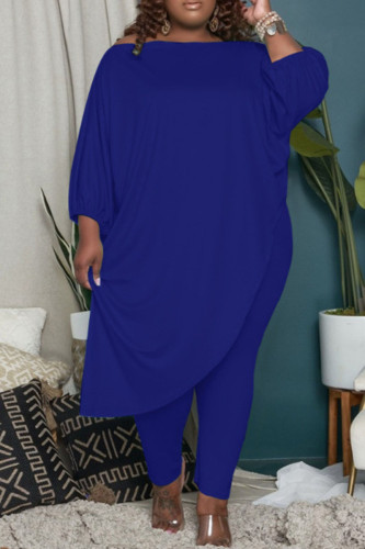Colorful Blue Casual Solid Patchwork Asymmetrical Off the Shoulder Plus Size Two Pieces