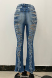 Dark Blue Fashion Casual Solid Ripped High Waist Regular Jeans