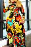Gele mode casual print patchwork rits kraag lange mouw plus size jurken