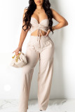 White Casual Solid Patchwork Frenulum Halter Sleeveless Two Pieces