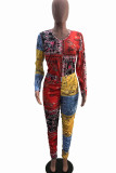 Multicolor Casual Print Patchwork O Neck Long Sleeve Two Pieces