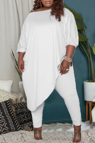Blanc Décontracté Solide Patchwork Asymétrique De L'épaule Plus La Taille Deux Pièces