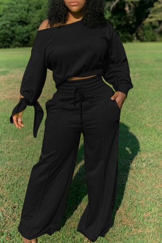 Black Casual Solid Patchwork Frenulum Backless Asymmetrical O Neck Long Sleeve Two Pieces