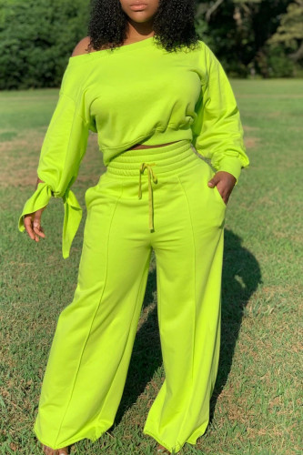 Fluorescent Green Casual Solid Patchwork Frenulum Backless Asymmetrical O Neck Long Sleeve Two Pieces