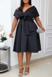 Zwarte mode sexy effen patchwork V-hals A-lijn jurken