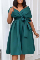 Groene mode sexy effen patchwork V-hals A-lijn jurken