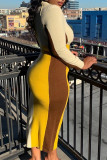 Желтые модные повседневные платья в стиле пэчворк с круглым вырезом и длинными рукавами