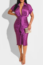 Púrpura Moda Casual Sólido Pliegue Turndown Collar Lápiz Falda Vestidos