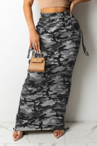 Graue, lässige Hose mit Camouflage-Print und Patchwork-Tasche, gerade, hohe Taille, gerader Volldruck