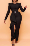 Moda negra elegante abertura sólida sin cinturón O cuello vestidos irregulares (sin cinturón)