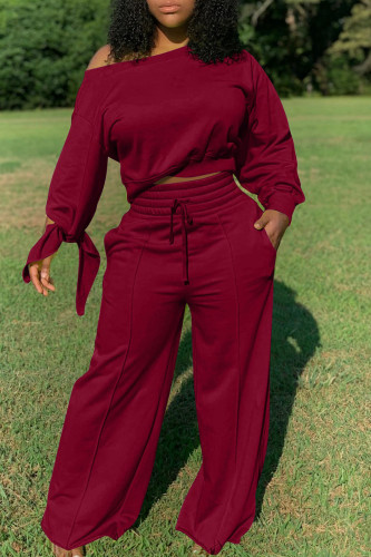 Burgundy Casual Solid Patchwork Frenulum Backless Asymmetrical O Neck Long Sleeve Two Pieces