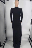 Zwarte mode elegante effen split zonder riem O-hals onregelmatige jurken (zonder riem)