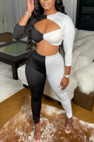 Black White Sexy Solid Hollowed Out Patchwork O Neck Long Sleeve Two Pieces