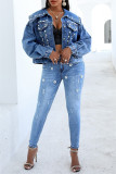 Veste en jean classique à manches longues et col rabattu à la mode décontractée bleu profond