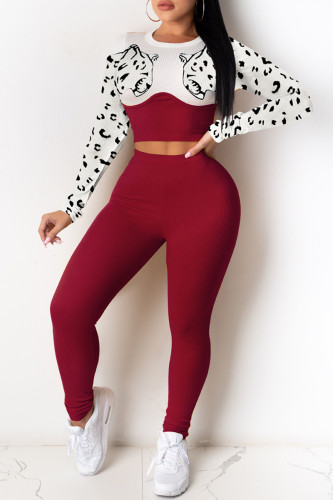 Red Fashion Casual Print Patchwork O Neck Long Sleeve Two Pieces