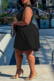 Black Casual Solid Patchwork O Neck Cake Skirt Plus Size Dresses