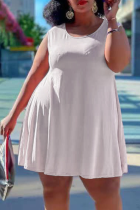 ホワイトカジュアルソリッドパッチワークOネックケーキスカートプラスサイズドレス