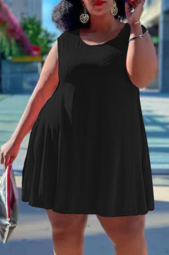 Black Casual Solid Split Joint O Neck Cake Skirt Plus Size Dresses